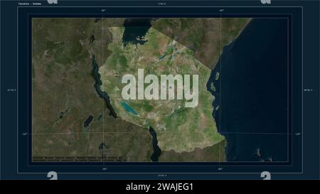 Tanzania highlighted on a high resolution satellite map map with the country's capital point, cartographic grid, distance scale and map border coordin Stock Photo