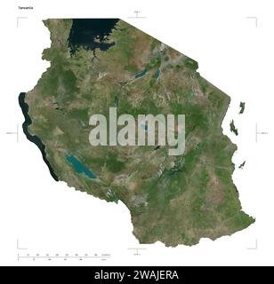 Shape of a high resolution satellite map of the Tanzania, with distance scale and map border coordinates, isolated on white Stock Photo