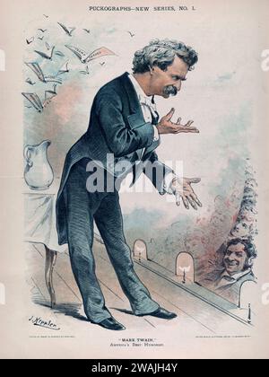 This vintage illustration captures the iconic author and humorist Mark Twain delivering a captivating speech to an enchanted audience, as depicted by an artists imaginative touch. Stock Photo