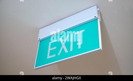 Exit way sign for emergency and evacuation Stock Photo