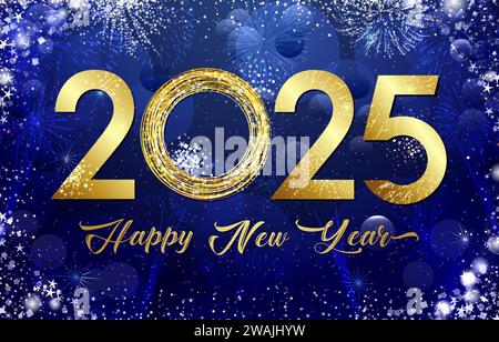 Happy 2025 greeting card design. Social network greetings. Timeline post. Set of graphic elements. Holiday blue backdrop. Golden number with decorativ Stock Vector