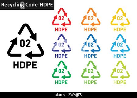 HDPE plastic recycling code icon set. Plastic recycling symbols 02 HDPE. Plastic recycling code 02 icon collection in ten different colors. Stock Vector