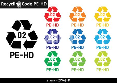 PE-HD plastic recycling code icon set. Mobius Strip plastic recycling symbols 02 PE-HD. Plastic recycling code 02 icon collection in ten colors. Stock Vector