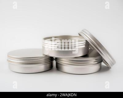 aluminium metal cans tins  isolated on a white background Stock Photo