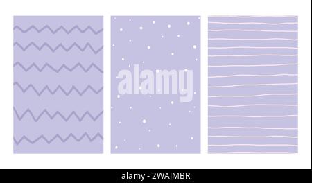 Simple Geometric Hand Drawn Irregular Patterns. Purple Doodle striped dotted simple drawing with textures. Poster set. Funny Pastel Color Graph Paper. Stock Vector