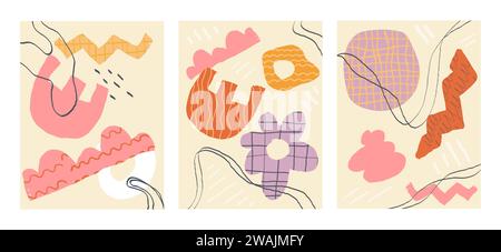 Set of fashionable abstract graphic shapes on a beige background. Minimalist forms in the style of modern art. Geometric posters in trendy retro bruta Stock Vector