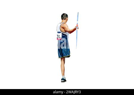 para athlete without leg with crutch javelin throw at athletics isolated on white background, summer sports games Stock Photo