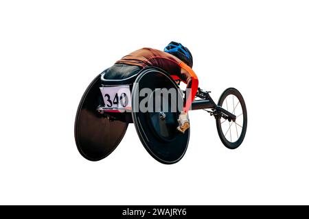 female athlete in wheelchair racing in para athletics race isolated on white background, summer sports games Stock Photo