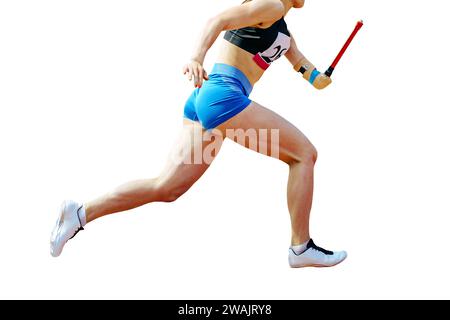 woman para athlete on prosthetic left hand running isolated on white background, summer para athletics games Stock Photo