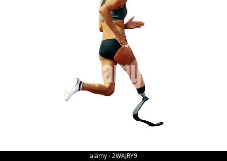 female para athlete on prosthetic leg running isolated on white background, summer para athletics games Stock Photo
