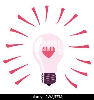 Light bulb lamp with heart icon inside in groovy retro style. Valentines day love symbol. Vector Flat or Cartoon style illustration. Love is Power con Stock Vector