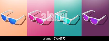 3D Render banner of colorful sunglasses. Studio shot of modern sunglasses on colorful background. Peach Fuzz color of the year palette. Stock Photo
