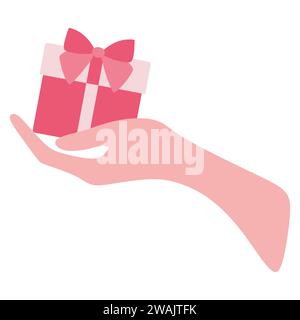 Vector Congratulation Gift box with Bow in Hand. Flat or Cartoon Holiday Illustration with Present isolated on White. Design object for Card, Decorati Stock Vector