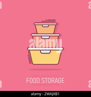 Food container icon in comic style. Kitchen bowl vector cartoon illustration pictogram. Plastic container box business concept splash effect. Stock Vector