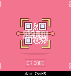 Qr code scan icon in comic style. Scanner id vector cartoon illustration on white isolated background. Barcode business concept splash effect. Stock Vector