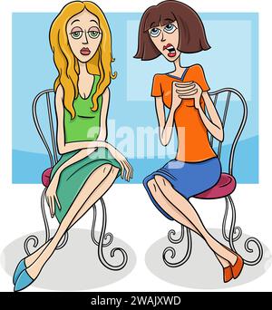 Cartoon illustration of one woman gossiping to another bored woman Stock Vector