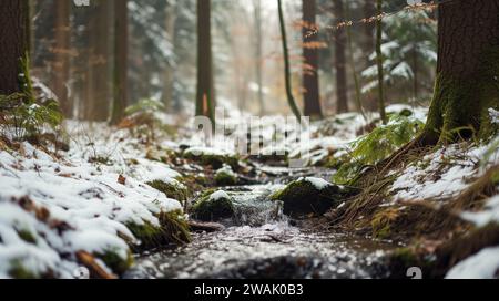 A narrow stream of water flows through a picturesque winter landscape, surrounded by trees covered in a blanket of freshly fallen snow Stock Photo