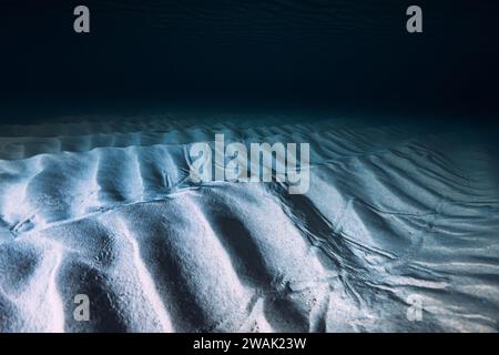 Tropical blue ocean  with sand bottom on night. Underwater view with artificial light Stock Photo