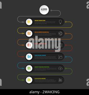 Six process progress steps in rounded blocks template with descriptions icons and thin color lines around. Multipurpose dark infographic template sche Stock Vector