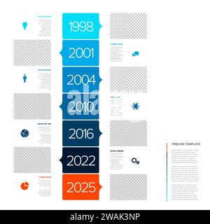 Vector multipurpose vertical simple light progress timeline steps template with descriptions, icons and photo placeholders in bix blue rectangles - un Stock Vector