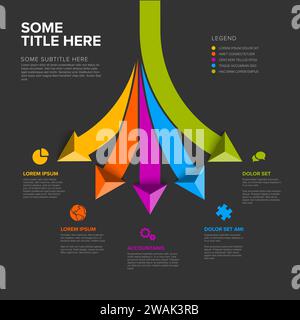 Vector dark multipurpose Infographic template with title and five elements options with big color arrows. Multipurpose Infochart with modern colors li Stock Vector