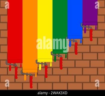 Bright colorful strips with paint rollers and a brick wall. Stock Vector