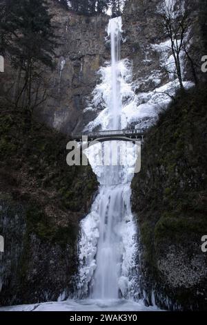 Multnomah Falls, outside of Portland, Oregon, USA, often freezes during winter. Stock Photo