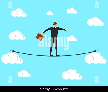 A man Businessman tightrope walker walking on a tightrope between the clouds. Vector illustration. The concept of risks in business and management. Stock Vector