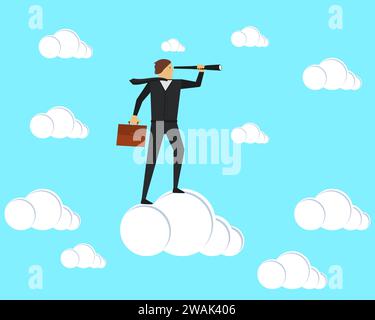A man businessman stands on a cloud and looks through a spyglass. Vector illustration. Stock Vector