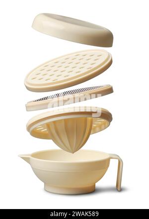 close-up of baby food serving cup set, empty bowl, juice squeezer and filter, shatterproof plastic dishware for first feeding isolated on white Stock Photo