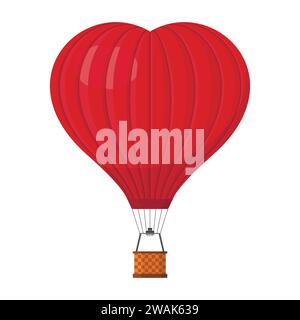 Hot air balloon shape of a heart with basket isolated on white background, Red Aerostat cartoon air-balloon traveling valentine's day, wedding. Vector Stock Vector