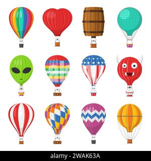 Aerostat Balloon transport with basket set isolated on white background, Cartoon air-balloon different shapes ballooning adventure flight, ballooned t Stock Vector