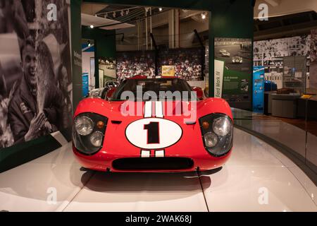 The 1967 24 Hours of LeMans winning Ford GT40 Mark IV, driven by Dan Gurney and AJ Foyt, on display at the Henry Ford Museum of American Innovation Stock Photo