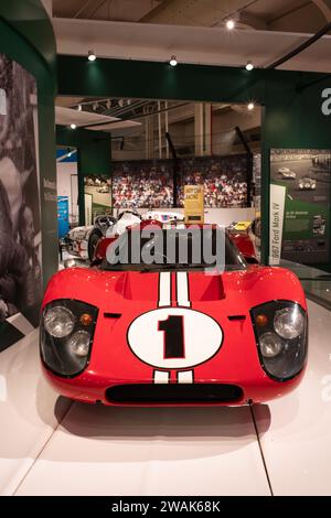 The 1967 24 Hours of LeMans winning Ford GT40 Mark IV, driven by Dan Gurney and AJ Foyt, on display at the Henry Ford Museum of American Innovation Stock Photo