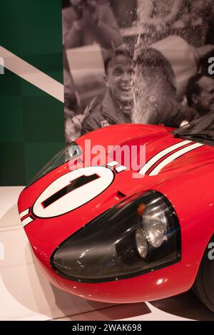 The 1967 24 Hours of LeMans winning Ford GT40 Mark IV, driven by Dan Gurney and AJ Foyt, on display at the Henry Ford Museum of American Innovation Stock Photo