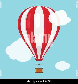 Aerostat Balloon transport with basket flying in blue sky and clouds, Cartoon air-balloon icon ballooning adventure flight, ballooned traveling flying Stock Vector