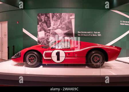 The 1967 24 Hours of LeMans winning Ford GT40 Mark IV, driven by Dan Gurney and AJ Foyt, on display at the Henry Ford Museum of American Innovation Stock Photo