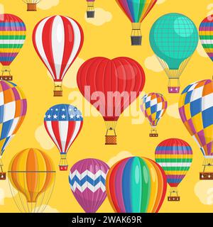 Aerostat Balloon transport with basket and clouds flying in evening sky Seamless Pattern Cartoon air-balloon different shapes ballooning adventure fli Stock Vector