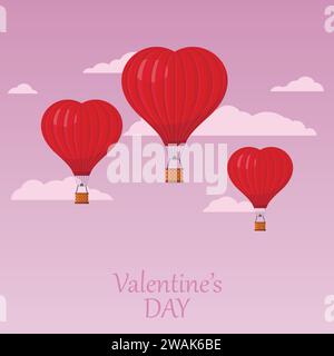 Three red heart air balloons flying in the pink sky with clouds. Saint Valentine's day greeting card. Hot air balloon shape of a heart with basket. Ve Stock Vector