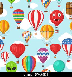 Aerostat Balloon transport with basket and clouds flying in blue sky Seamless Pattern, Cartoon air-balloon different shapes ballooning adventure fligh Stock Vector