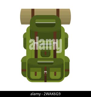 Camping backpack for hiking, travel and tourism isolated on white background. Backpack for camp gears, mats, sleeping bags and etc. Vector illustratio Stock Vector