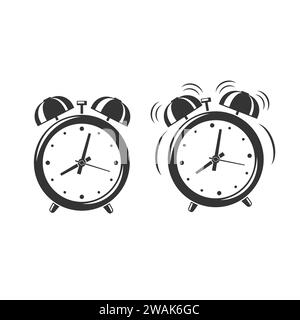 Alarm clock icons standing and ringing wake-up time isolated on white background. Retro style cartoon clock. Vector illustration Stock Vector