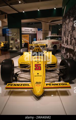 Replica of the 1988 Indianapolis 500 winning Penske-Chevrolet, driven by Rick Mears, on display at The Henry Ford Museum of American Innovation Stock Photo