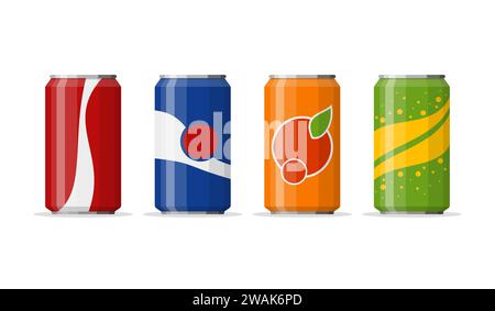 Soda in colored aluminum cans set icons isolated on white background. Soft drinks sign. Carbonated non-alcoholic water with different flavors. Drinks Stock Vector