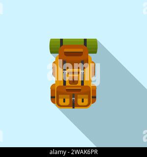Camping backpack icon for hiking, travel and tourism on blue background with long shadow. Backpack for camp gears, mats, sleeping bags and etc. Vector Stock Vector