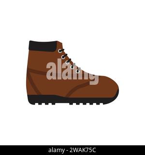 Brown hiking shoe or army military boot icon isolated on white background. Mountain footwear in flat style. Vector illustration. Stock Vector