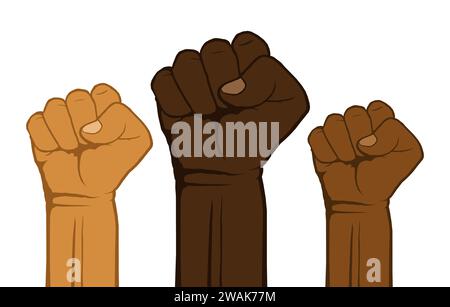 People of different nationalities and races raise up fists. Black lives matter, protest, stop racism. Fight for your rights. Raised fists against Poli Stock Vector