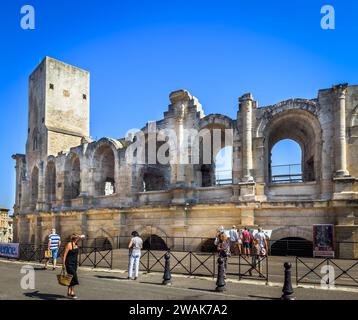 Arles, France, Sept 9th 2023, view of an urban scene by the Roman gladiatorial amphitheatre now hosting bullfighting and community events. Stock Photo