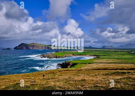 Republic of Ireland, County Kerry, Dingle Peninsula, View from Clogher Head towards Three Sisters Stock Photo