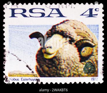MOSCOW, RUSSIA - DECEMBER 17, 2023: Postage stamp printed in South Africa shows Merino Sheep (Ovis ammon aries), Merino sheep and lamb serie, circa 19 Stock Photo
